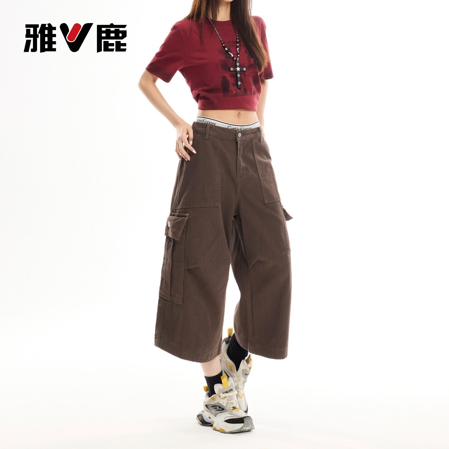 雅鹿美拉德七分工装牛仔裤女2026新款夏季小个子高腰阔腿中裤子Y