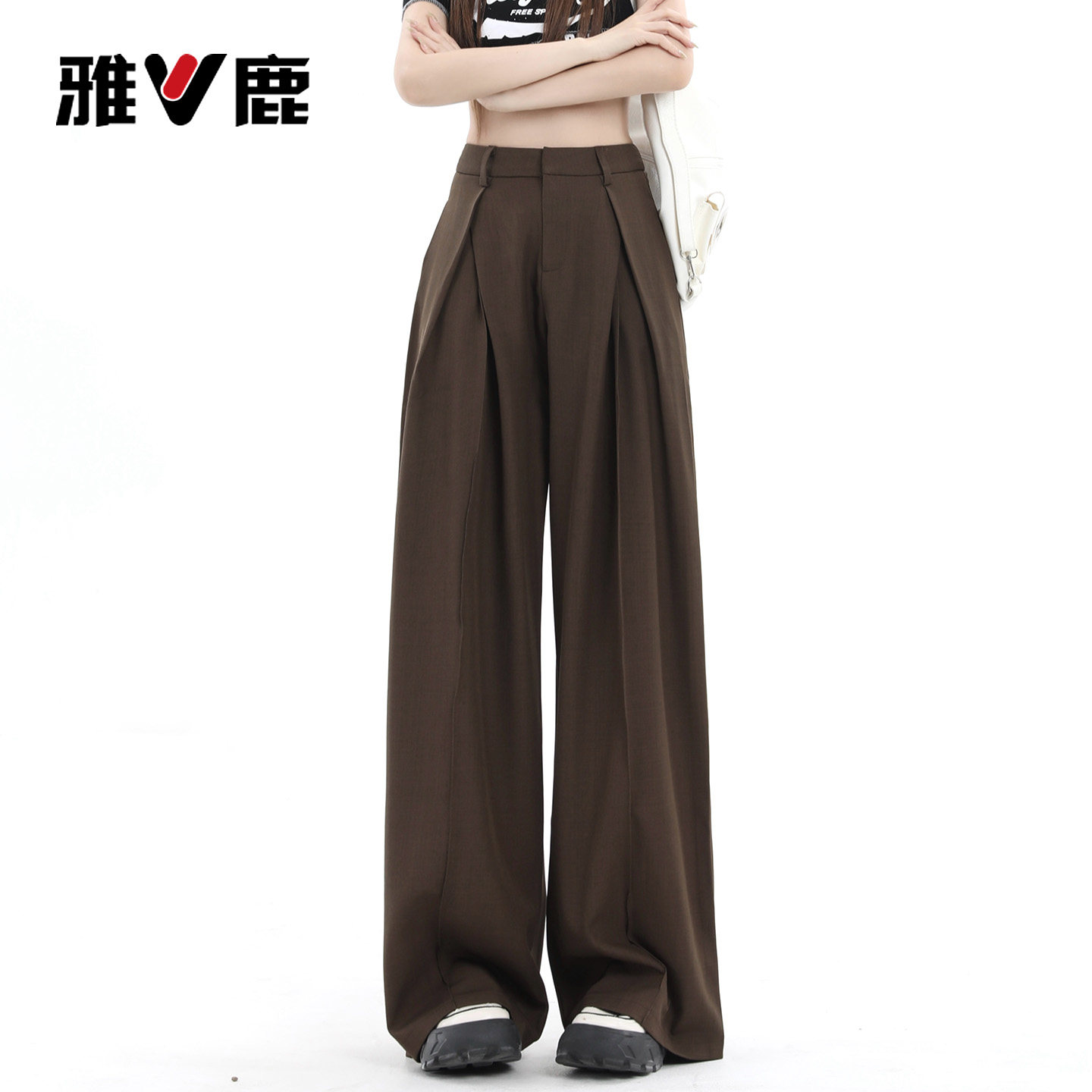 雅鹿咖色阔腿休闲裤女2026新款夏季高腰小个子宽松显瘦西装裤子Y