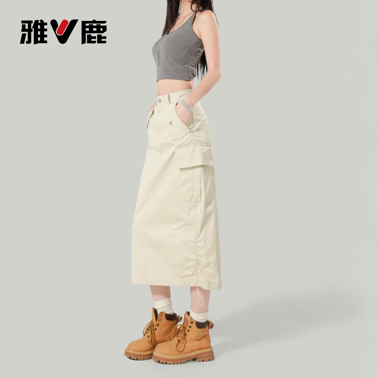 雅鹿美式抽绳工装半身裙女2026新款夏季高腰显瘦a字包臀中长裙Y