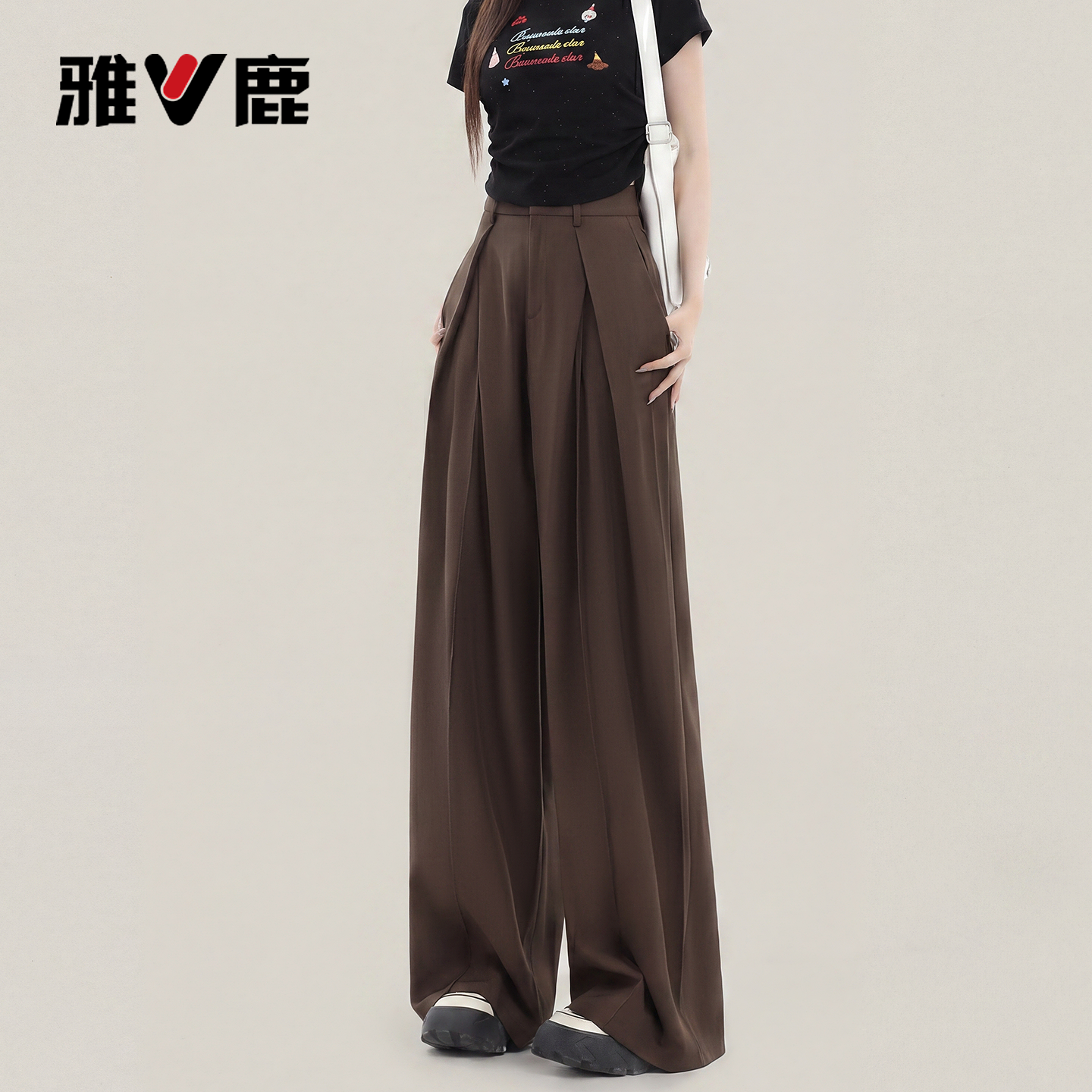 雅鹿咖色西装休闲裤女2026新款夏季小个子高腰宽松显瘦阔腿裤子Y