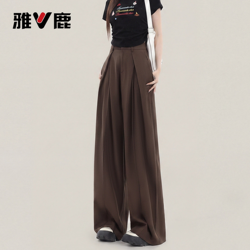 雅鹿咖色西装休闲裤女高腰阔腿裤