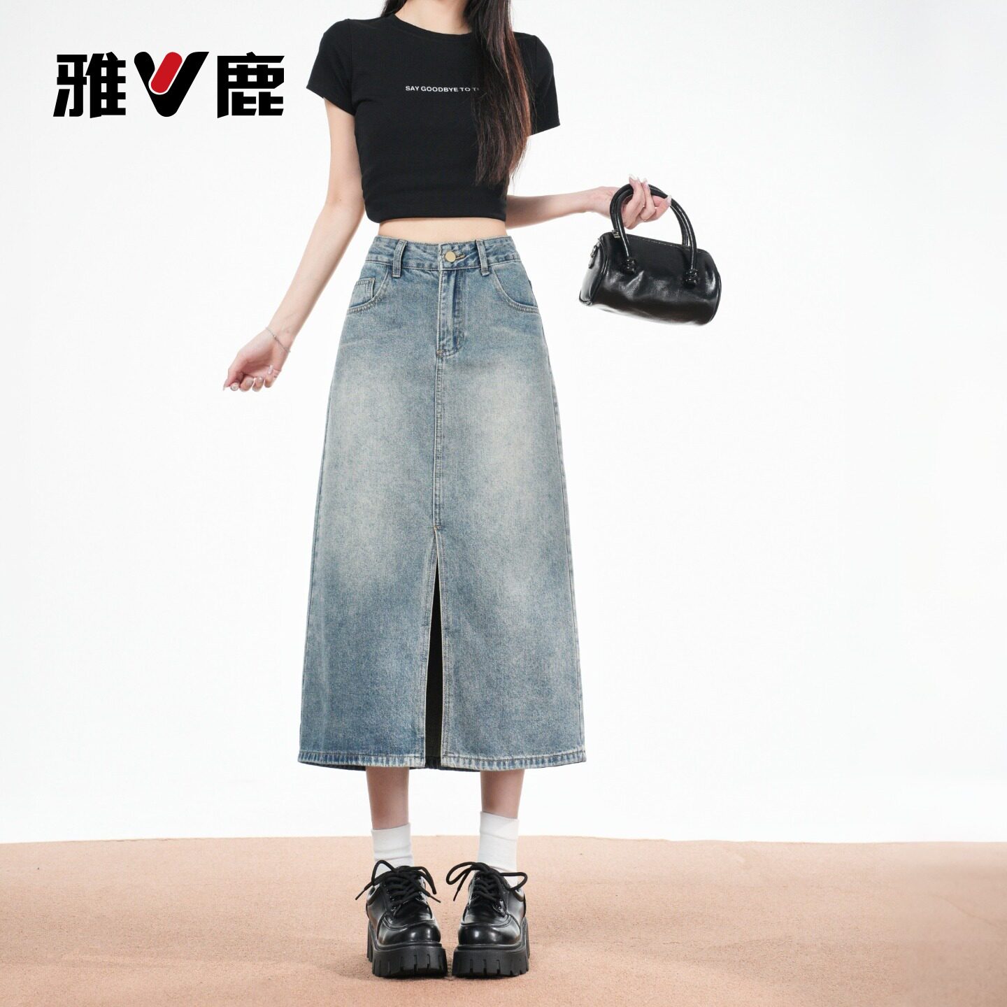 雅鹿复古前开叉牛仔半身裙女夏新款高腰遮胯A字包臀裙YM
