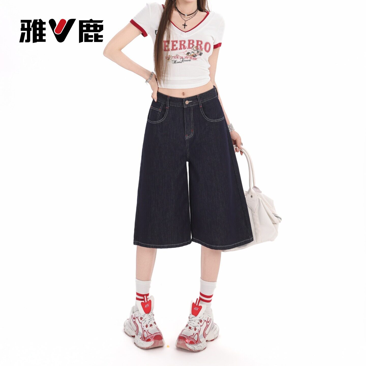 雅鹿深蓝丹宁色七分牛仔裤女2026新款夏季高腰a字直筒阔腿中裤Y