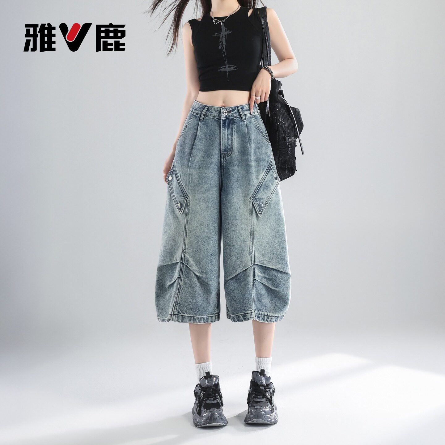 雅鹿美式复古工装牛仔裤女2026新款夏季高腰宽松显瘦阔腿七分裤Y