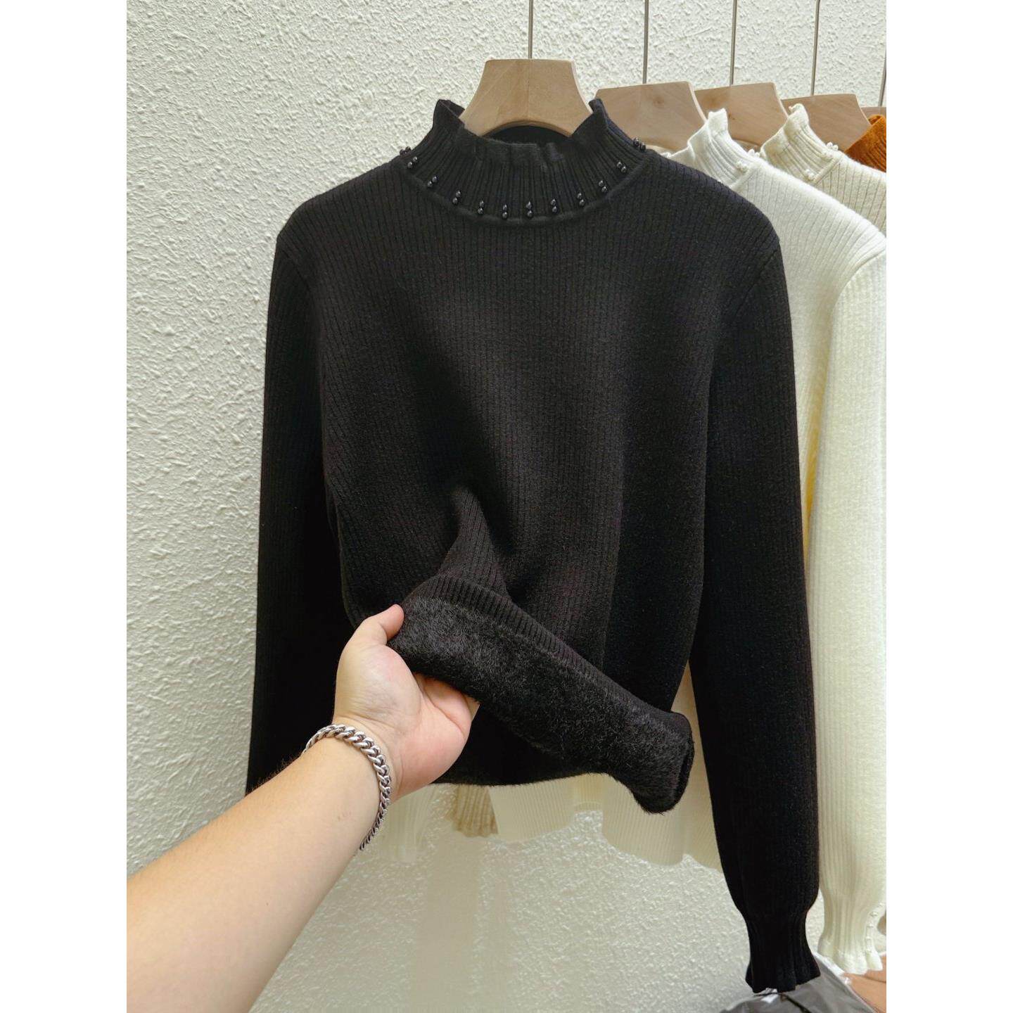 JOYIASS加绒半高领加绒打底衫女内搭秋冬新款木耳边毛衣针织衫上