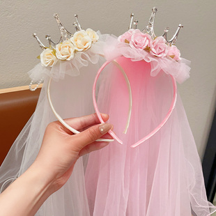 儿童发箍头纱发饰小女孩王冠飘纱可爱女童超仙公主裙皇冠生日头箍