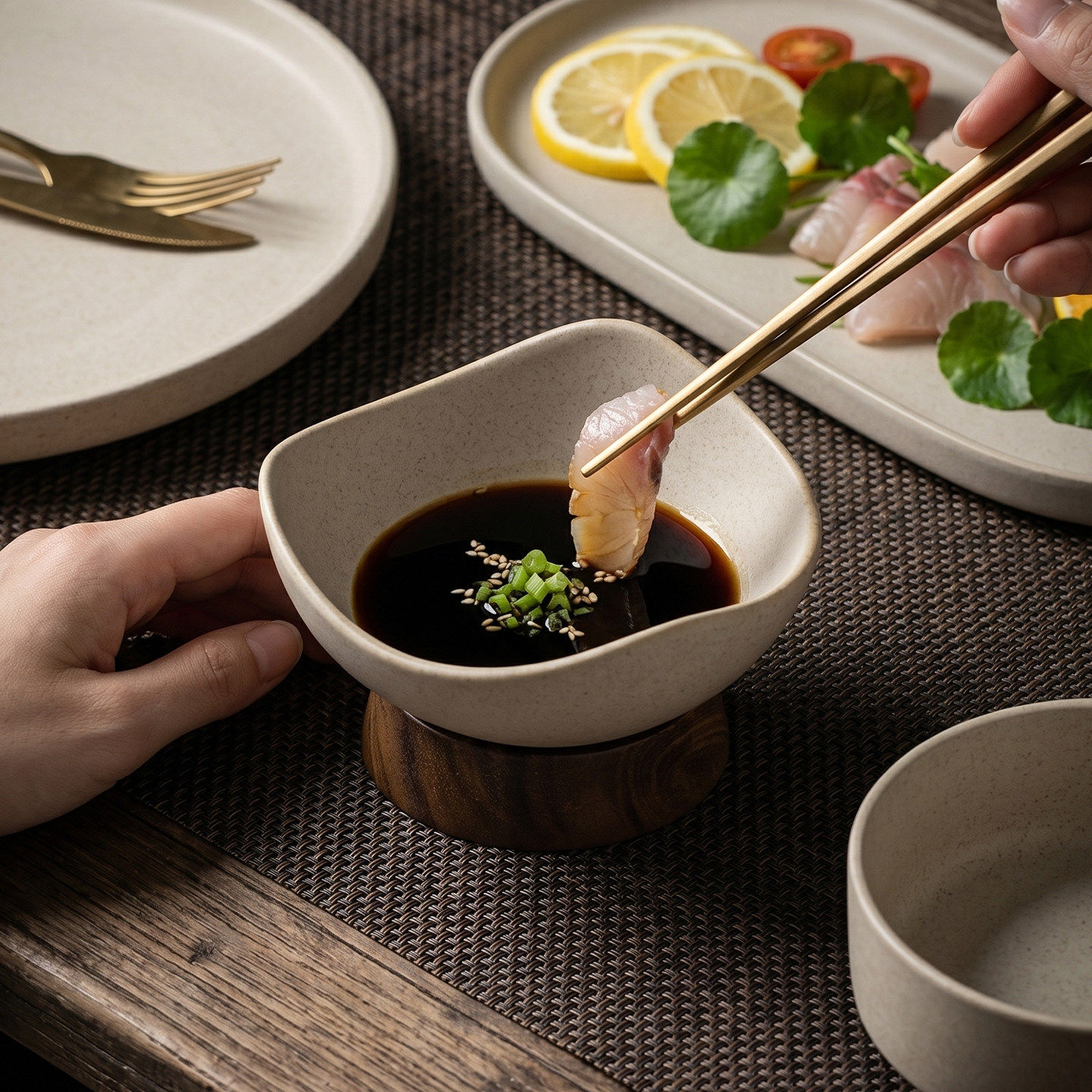 异型陶瓷蘸料碗木托高脚餐厅家用