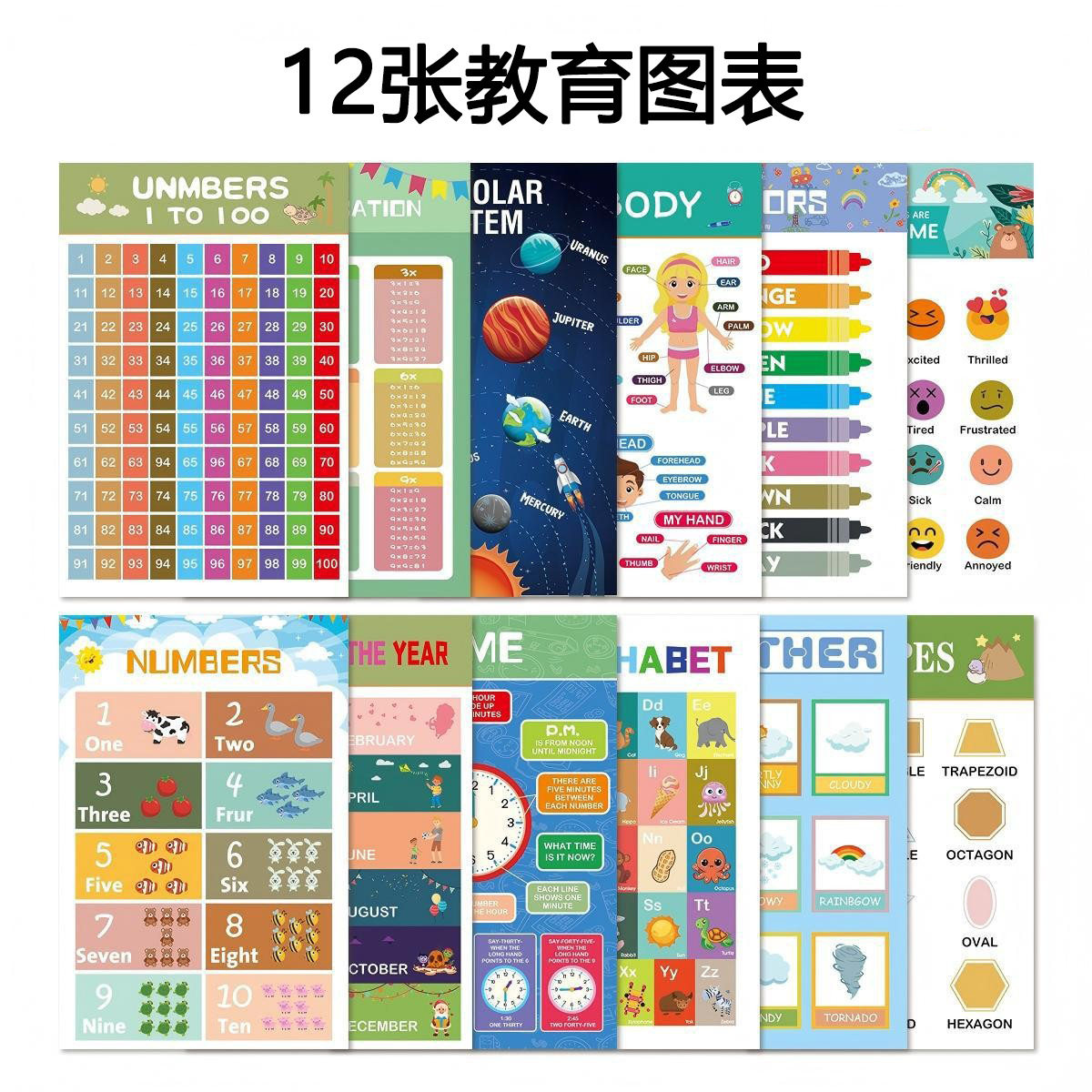 英文儿童学习早教挂图教育海报拼音字母数学天气时间学习图表