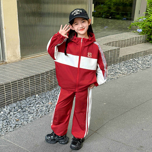 春天女童红色套装2026新款春秋大童休闲春装儿童洋气运动两件套潮