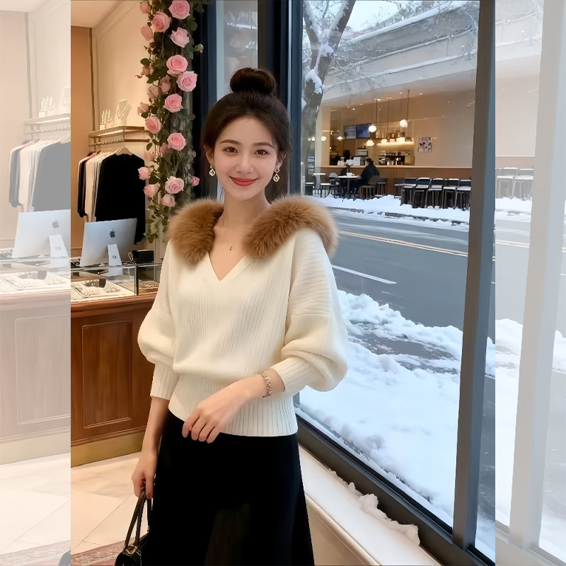 ROUMIKL轻熟风拼接毛领V领针织衫女装秋冬2025新款时尚显瘦百搭气