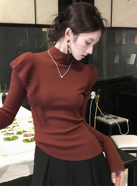 ROUMIKL高级感砖红色荷叶边袖针织衫女秋季新款时尚洋气不规则打