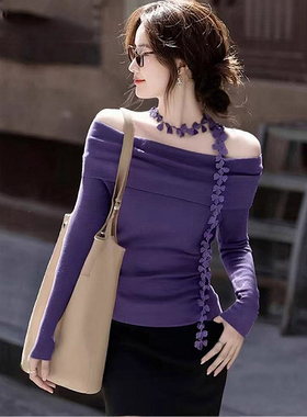 ROUMIKL紫色一字肩挂脖针织衫女早秋季夏季小个子氛围感露肩减龄