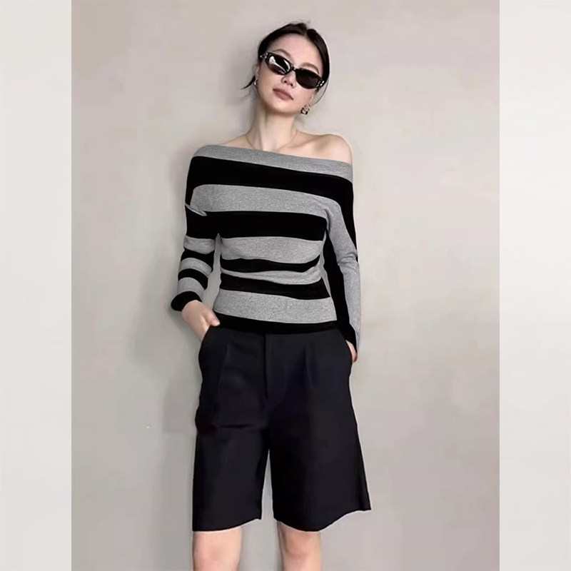 JOYIASS慵懒风斜领露肩条纹长袖T恤女秋季新款今年流行漂亮短款套