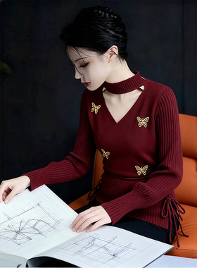 ROUMIKL甜美风红色半高领镂空针织衫女秋季2025新款亲肤柔软显白