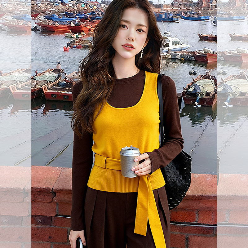 ROUMIKL氛围感黄色马甲背心叠穿针织衫两件套女秋冬新款绑带收腰