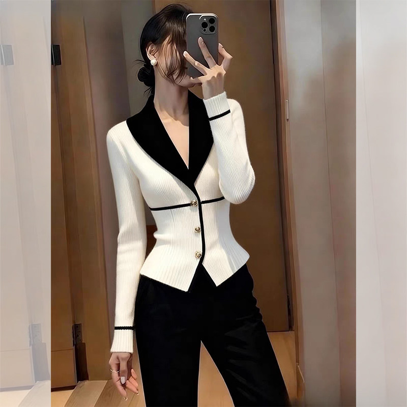 JOYIASS黑白拼接V领长袖针织开衫女装秋季新款洋气收腰显瘦外套气