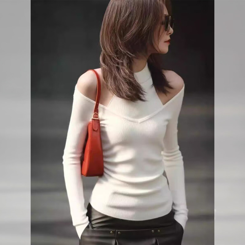 JOYIASS韩系chic白色假两件露肩针织衫长袖女秋季新款今年流行漂