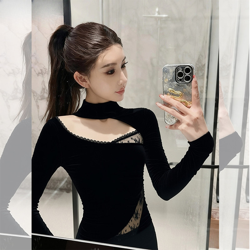 JOYIASS轻熟风半高领黑色蕾丝拼接T恤女秋季新款高级感紧身显身材