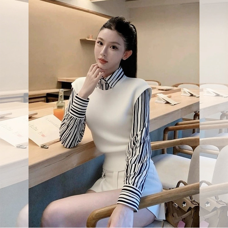 JOYIASS轻熟风白色假两件针织衫长袖女早秋新款超好看独特漂亮绝