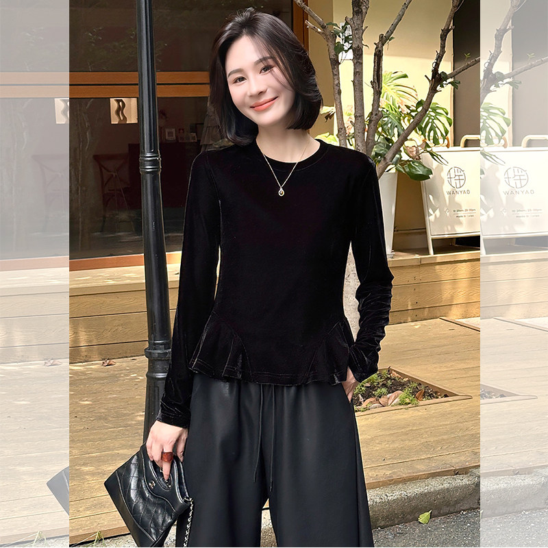 JOYIASS黑色圆领荷叶边丝绒长袖t恤女早秋季新款高级感时尚洋气打