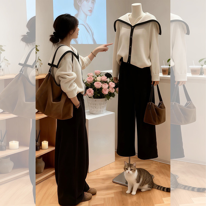 JOYIASS韩版海军领撞色长袖毛衣女2025年秋季新款宽松保暖慵懒针