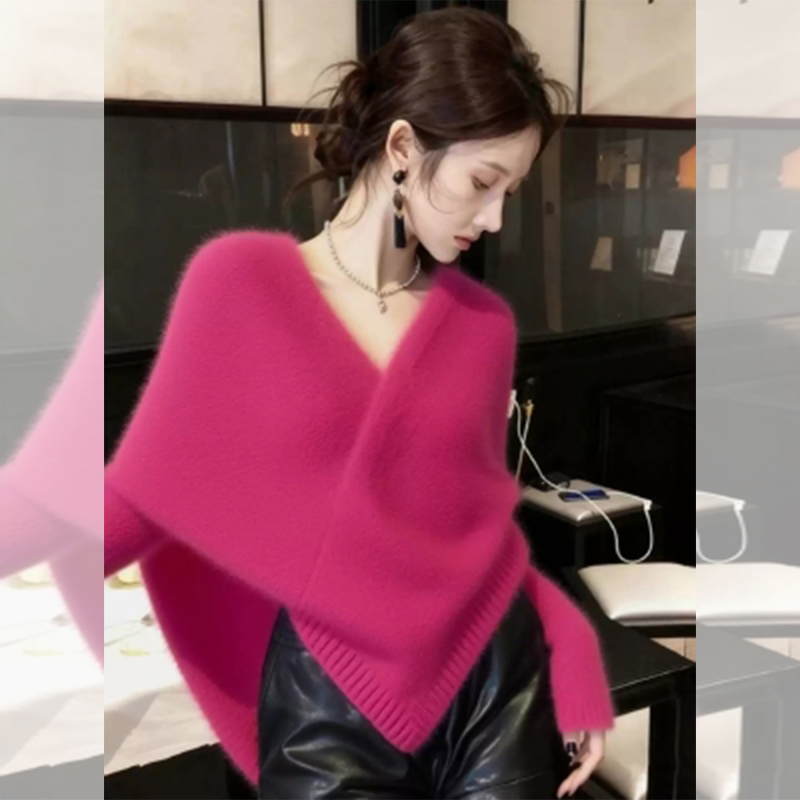 JOYIASS玫红色斗篷长袖针织衫女秋冬新款氛围感设计感软糯显瘦气