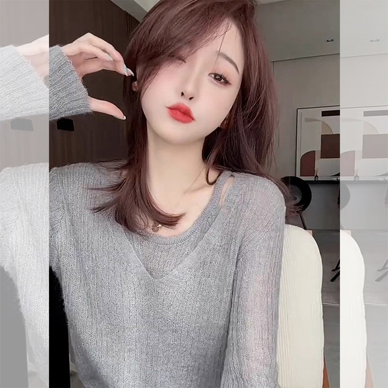 ROUMIKL韩系灰色假两件针织衫长袖女早秋季2025新款洋气减龄防晒