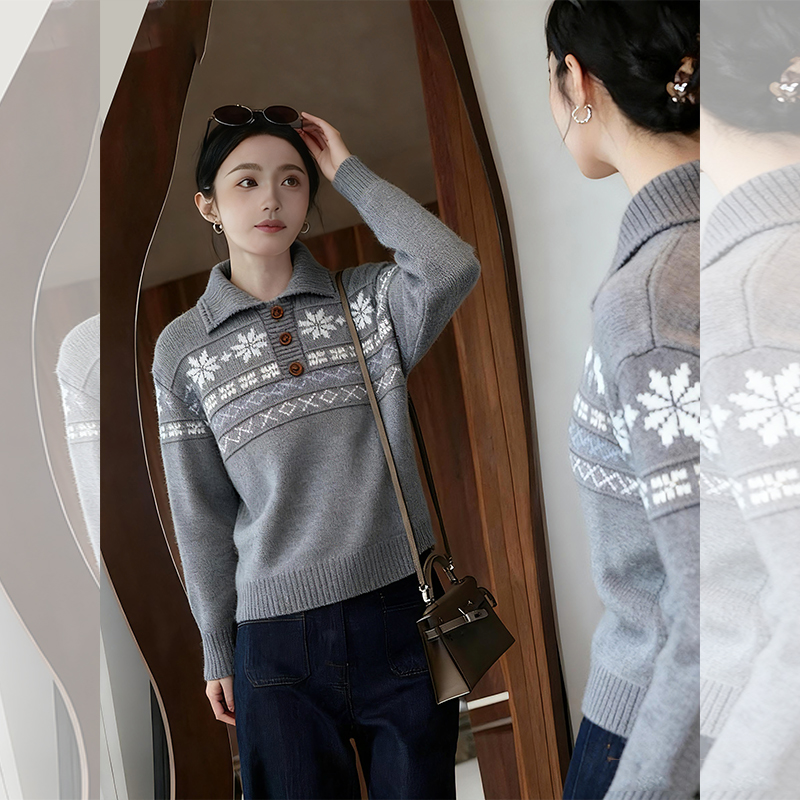 JOYIASS淑女风灰色翻领提花套头毛衣女秋冬2025新款奶fufu软糯针