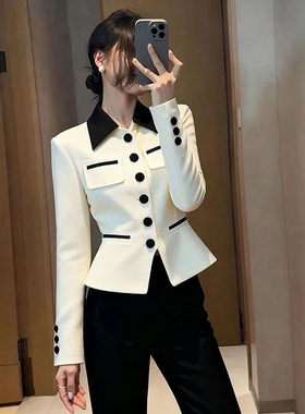 ROUMIKL小香风白色别致纽扣短款外套女秋季新款高端大气轻奢时髦