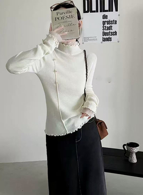 ROUMIKL简约风白色高领木耳边针织衫女秋季新款紧身显身材打底内