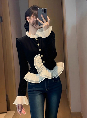 ROUMIKL知性风黑色荷叶边拼接丝绒衬衫长袖女秋季新款端庄大气不