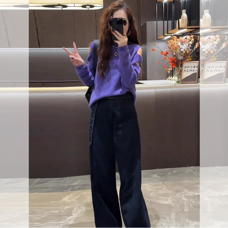 JOYIASS紫色圆领露肩针织衫长袖女新款秋季小个子高级感减龄遮肉