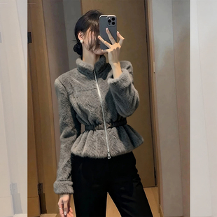 ROUMIKL超好看灰色立领毛绒短款外套女秋冬新款时尚洋气时髦气质