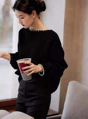 ROUMIKL黑色钉珠圆领针织衫女秋冬新款高级感宽松长袖毛衣法式小