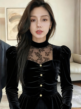 ROUMIKL轻奢风黑色半高领蕾丝绒衬衫女款秋季新款法式气质高端小