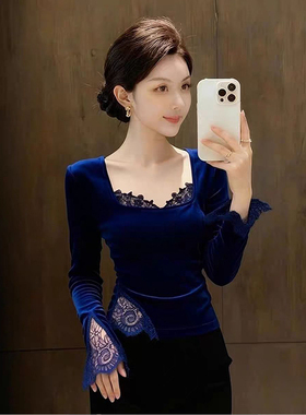 ROUMIKL巨好看蓝色蕾丝拼接丝绒衬衫长袖秋季新款风情万种紧身显