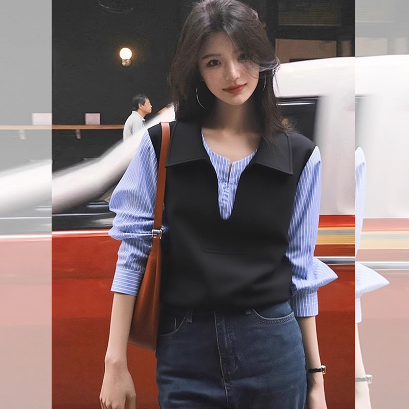 ROUMIKL通勤风假两件撞色翻领衬衫长袖女新款秋季小个子独特绝美O