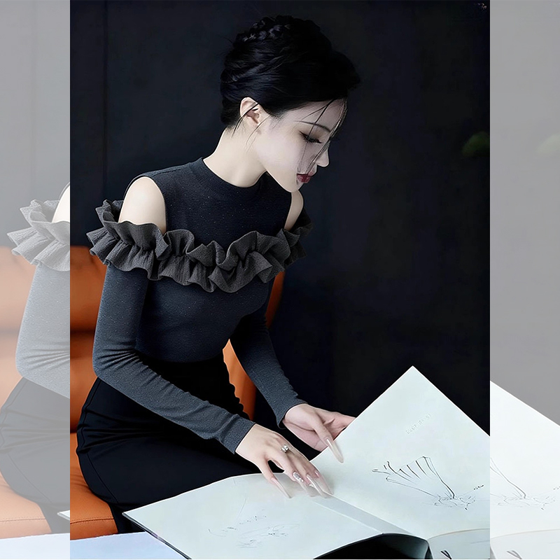 ROUMIKL小姨风深灰色荷叶边拼接针织衫女款秋季新款今年流行漂亮