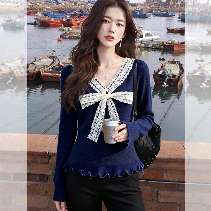 JOYIASS藏蓝色V领蕾丝拼接蝴蝶结针织衫女款秋季新款修身显瘦超好