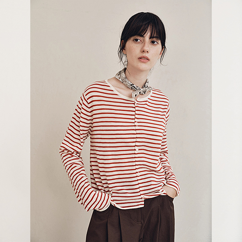 ROUMIKL极简风撞色条纹针织开衫长袖女新款早秋季新款显白内搭打