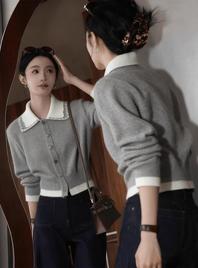 ROUMIKL优雅风灰色大翻领排扣针织开衫女款秋季新款奶呼呼短款高