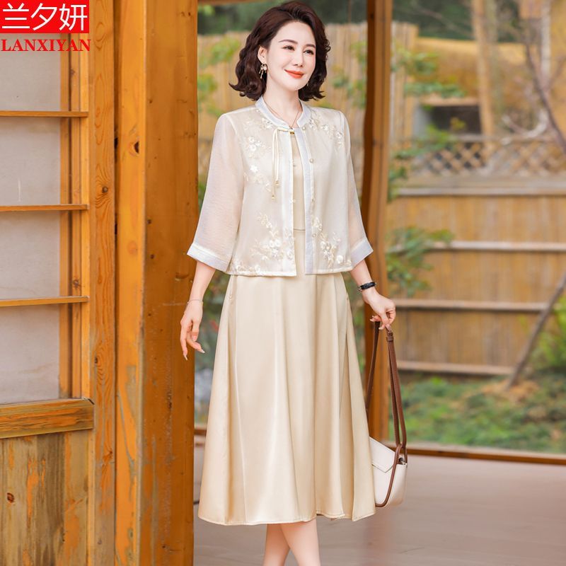 新中式妈妈连衣裙两件套2025夏装新款国风裙子中老年女装夏季套装