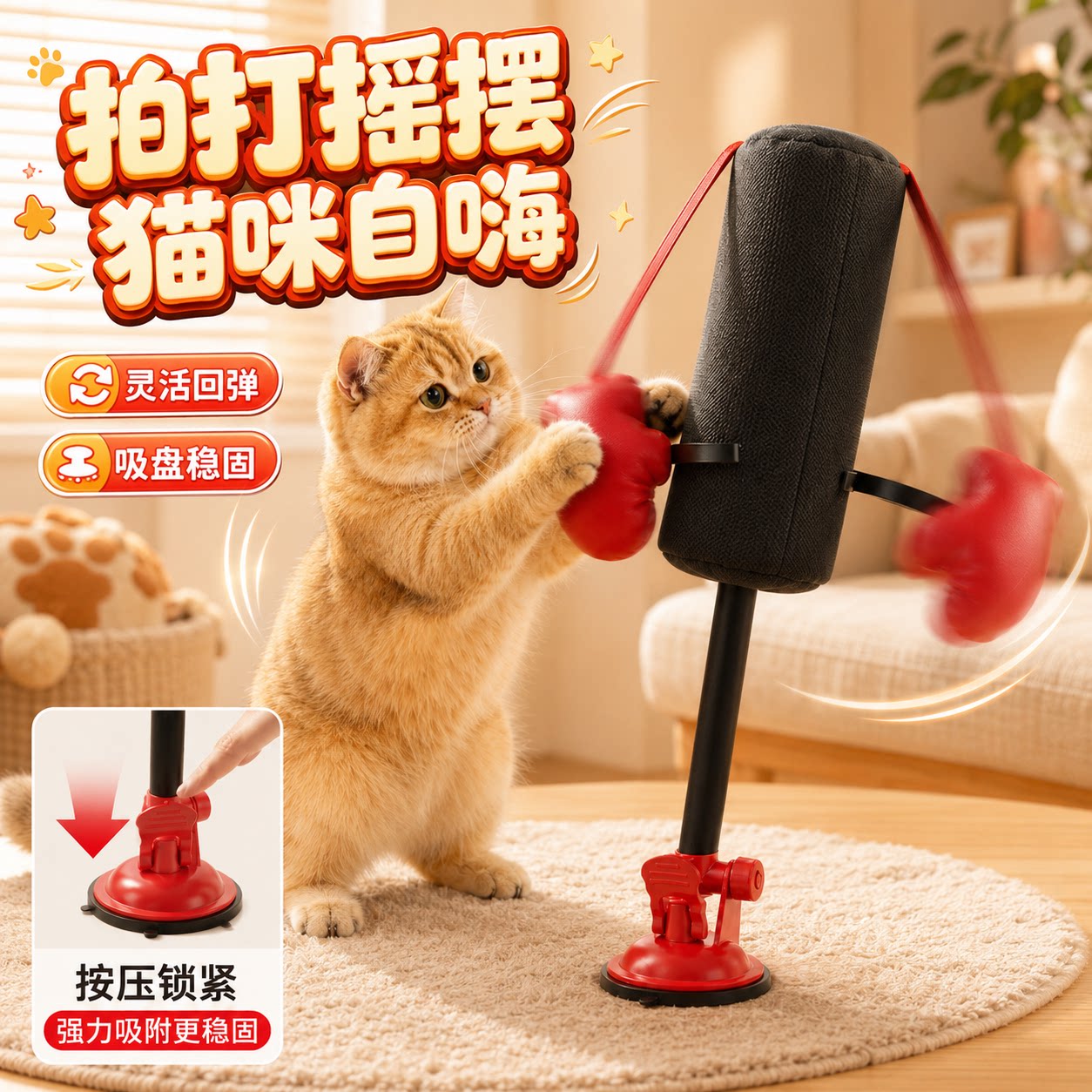 猫咪拳击玩具逗猫棒自嗨解闷神器吸盘拳套沙袋互动室内耐玩猫爪板