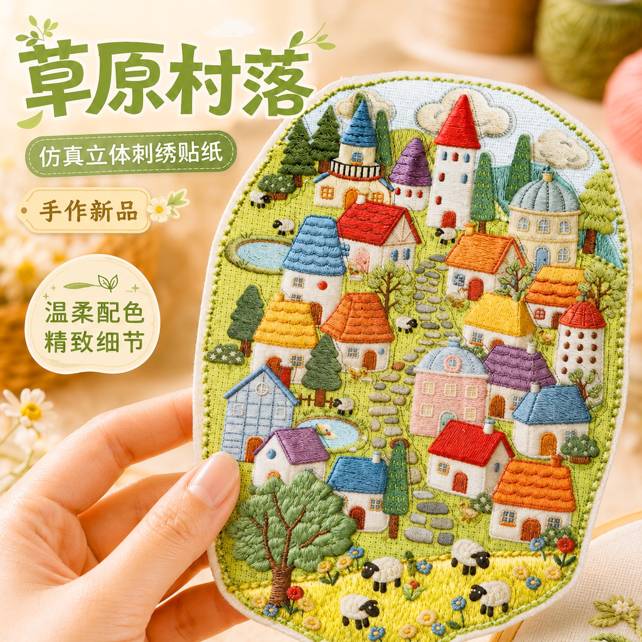 草原村落造景贴纸女孩儿童仿真刺绣立体微缩装饰治愈系手账素材换装贴纸书贴画小图案安静书无聊打发时间神器 - 实物图