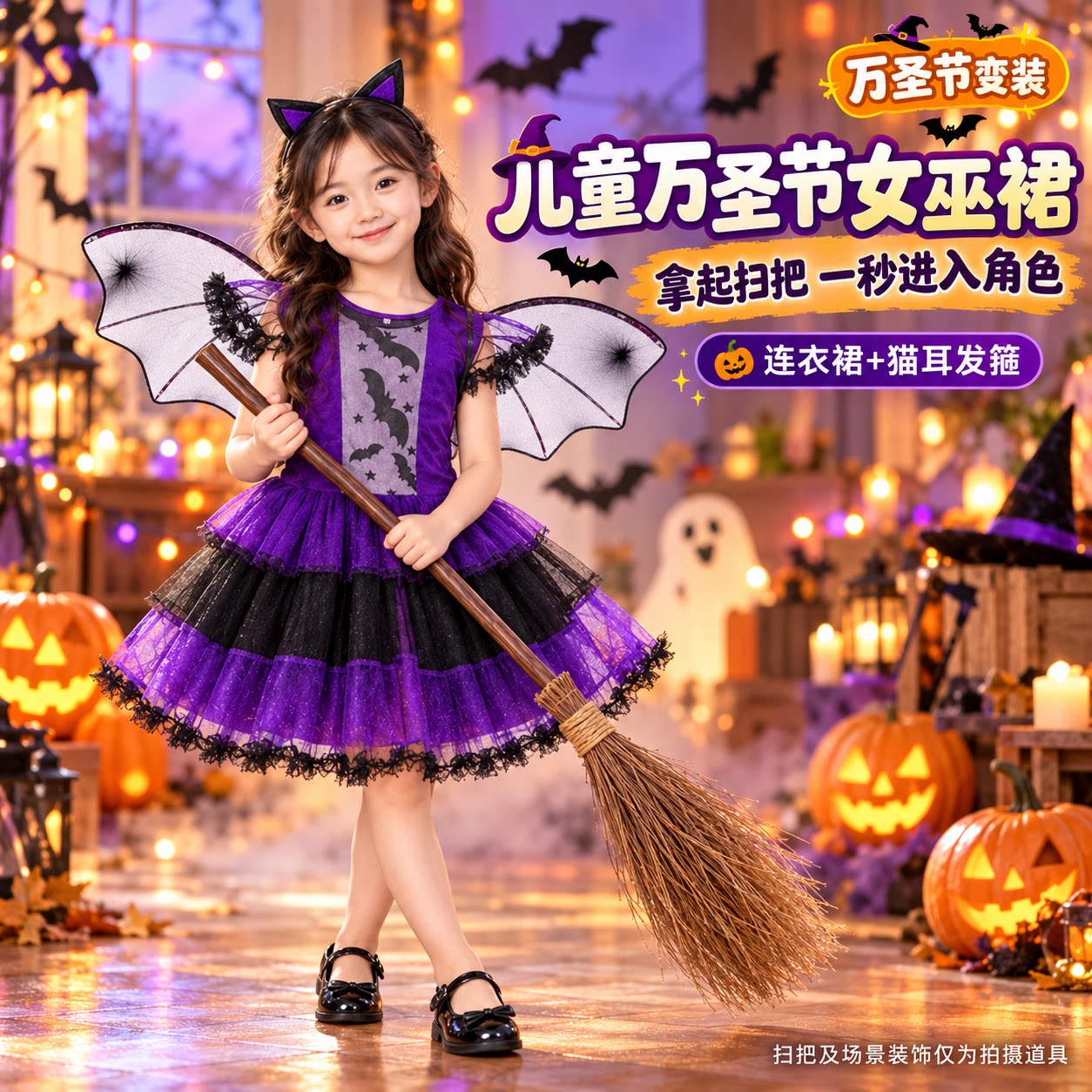 万圣节儿童服装小女巫cos服女童万圣公主裙演出服饰万圣发饰配饰6