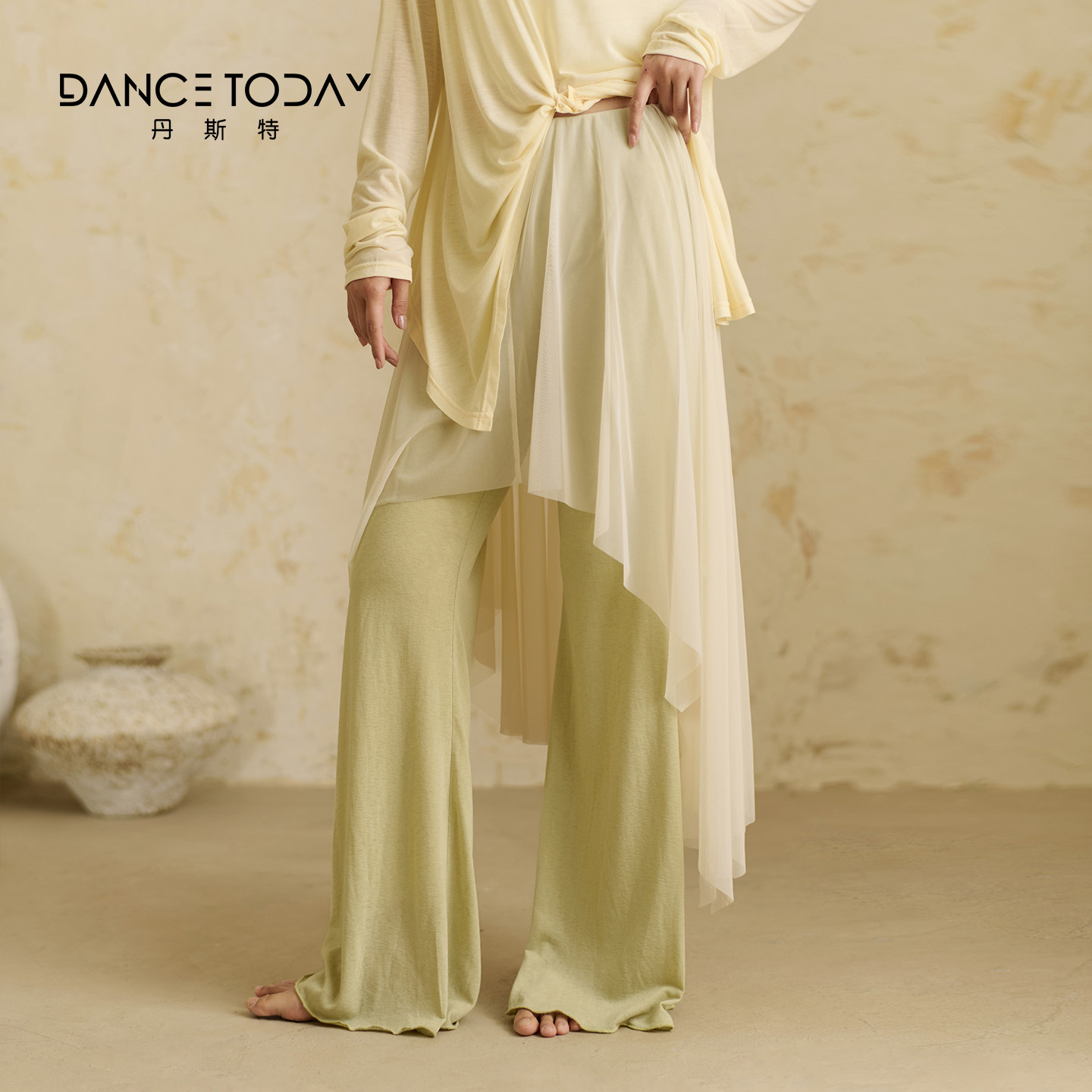 dancetoday现代舞蹈练功服女拼接网纱假两件裙裤古典舞直筒阔腿裤
