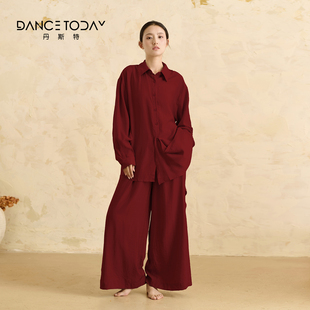 dancetoday现代舞服装女冬季红色衬衫套装黑色舞蹈练功服长袖上衣