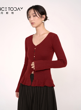 DanceToday红色针织开衫女冬季v领荷叶边下摆修身打底毛衣舞蹈服