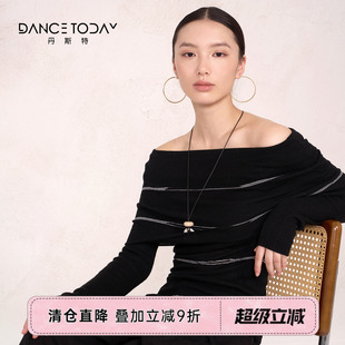 【清仓】dancetoday黑色一字露肩针织上衣春季长袖毛衣日常舞蹈服