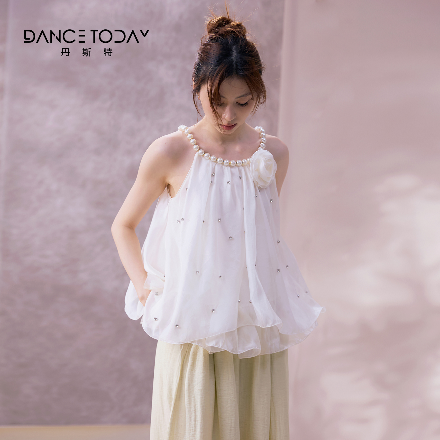 DanceToday现代舞练功服女夏季古典珍珠圆领立体花朵宽松无袖上衣